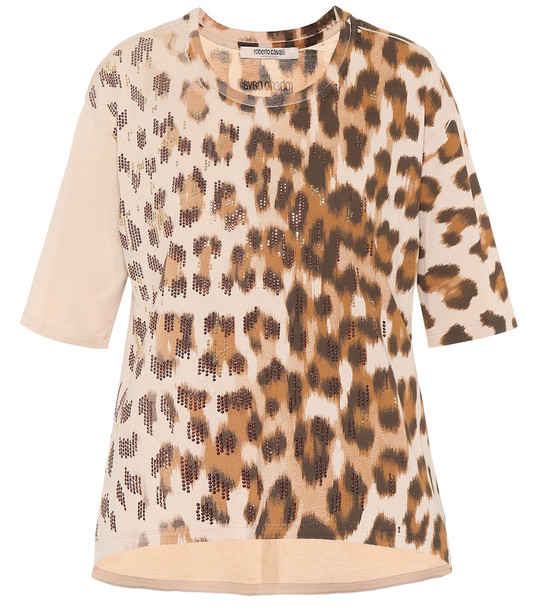 Roberto Cavalli Embellished leopard cotton T-shirt in beige