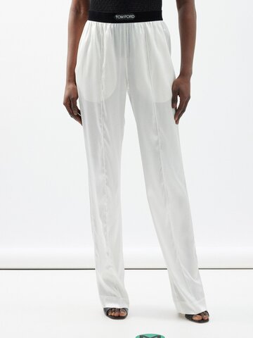 tom ford - logo-waistband silk-blend trousers - womens - cream