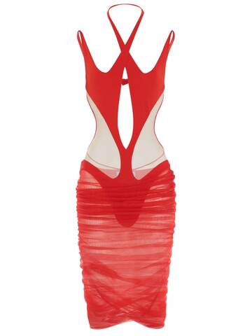 MUGLER Cutout Tulle Midi Dress in red