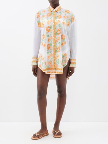 juliet dunn - floral-embroidered cotton longline shirt - womens - white multi