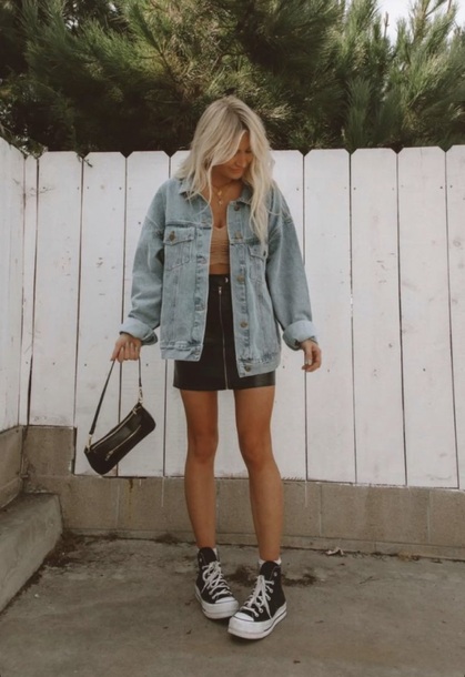 skirt, leather skirt, whole outfit, beige crop top, denim jacket,  everything, black converse - Wheretoget