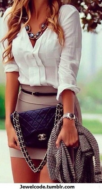 skirt blouse jewels dress tan white skirt fashion date outfit pretty classy watch necklace cardigan chanel white blouse tan skirt tight skirt belt purse wishies^^i luv this skiirt smart shirt office outfits jacket top handbag white top white long sleeve blouse black gold
