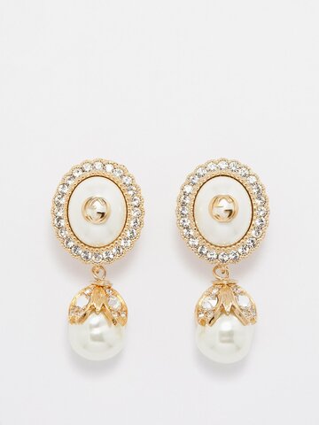 gucci - interlocking g crystal & pearl drop earrings - womens - pearl