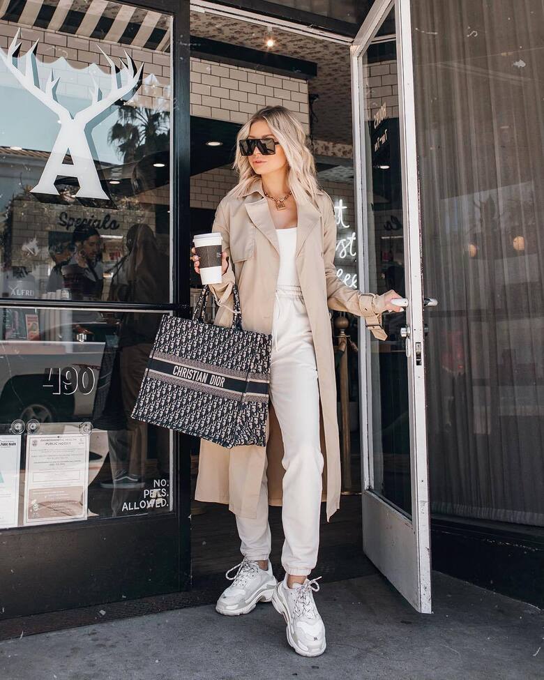 coat trench coat long coat pretty little thing white sneakers joggers white top dior bag
