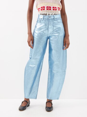 ganni - metallic organic-denim wide-leg jeans - womens - silver