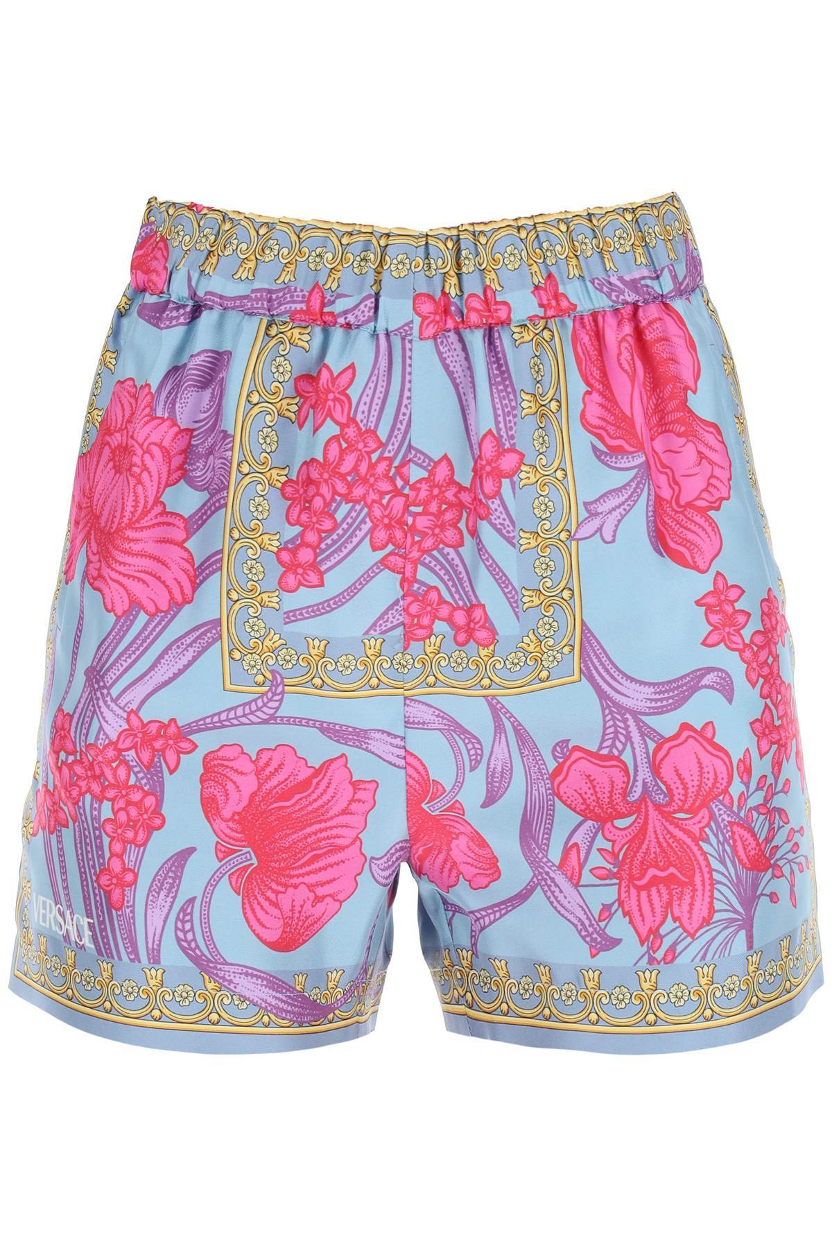 Versace Silk Shorts With Acid Bouquet Print in blue