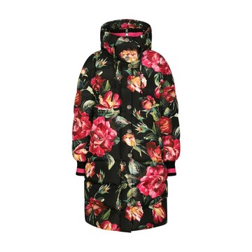 Dolce & Gabbana Long nylon down jacket with rose print