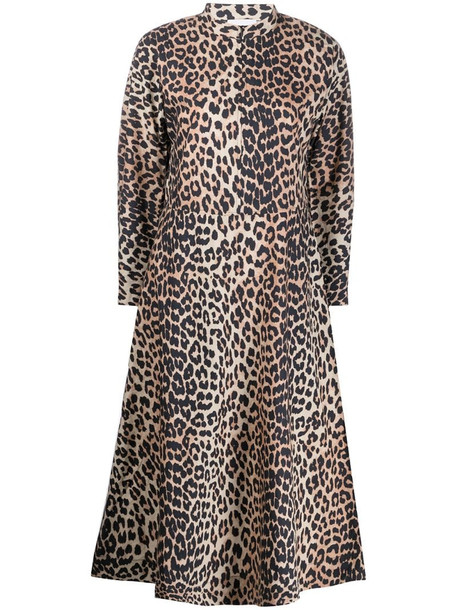 GANNI leopard print midi dress in neutrals