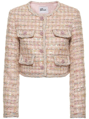 SELF-PORTRAIT Embellished Bouclé Jacket in pink