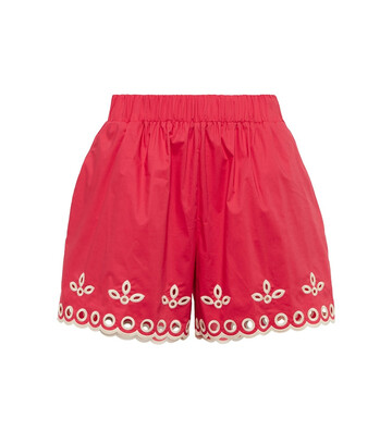 redvalentino embroidered cotton poplin shorts in red