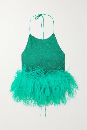 oséree - lumière cropped feather-trimmed metallic stretch-knit halterneck top - green