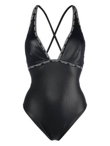 calvin klein plunging v-neck logo-embellished swimsuit - black