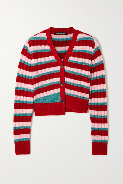 Andersson Bell - Kelly Asymmetric Striped Recycled Ribbed Chenille Cardigan - Red