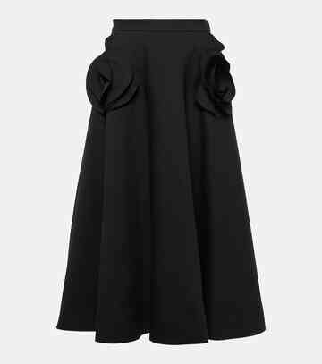 valentino floral-appliqué wool and silk midi skirt in black