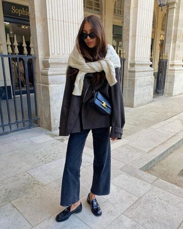 shoes,loafers,prada,cropped jeans,coat,black bag,sweater
