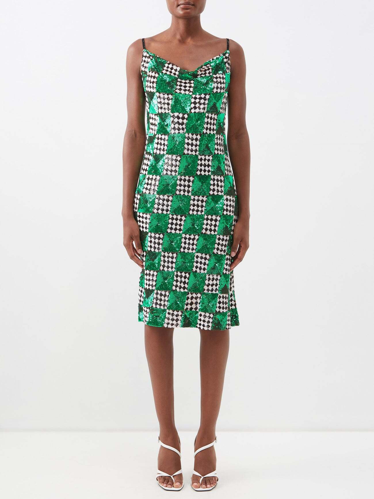 Ashish - Checkerboard Sequinned Georgette Midi Dress - Womens - Green Print
