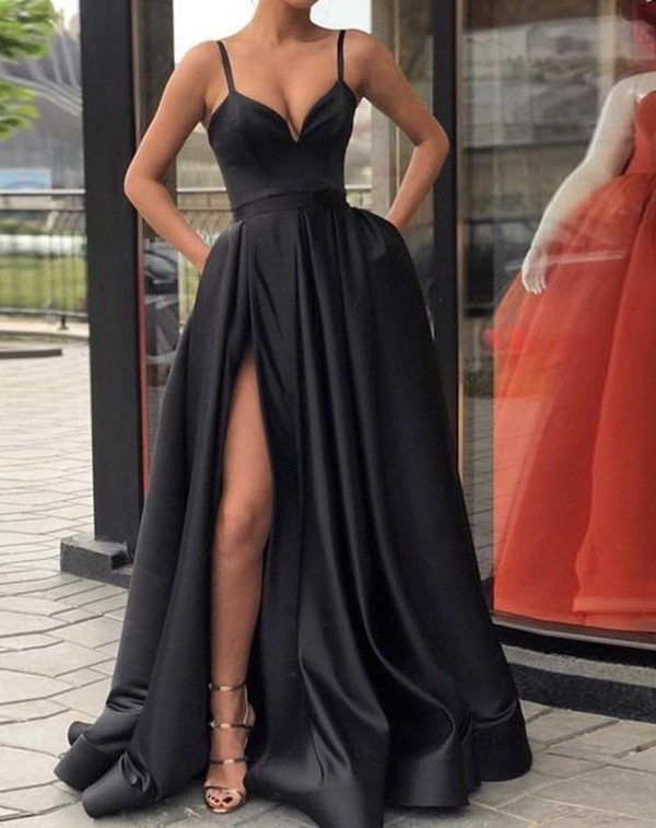 Custom Made A Line Black Spaghetti Straps Prom Dress with High Slit ...