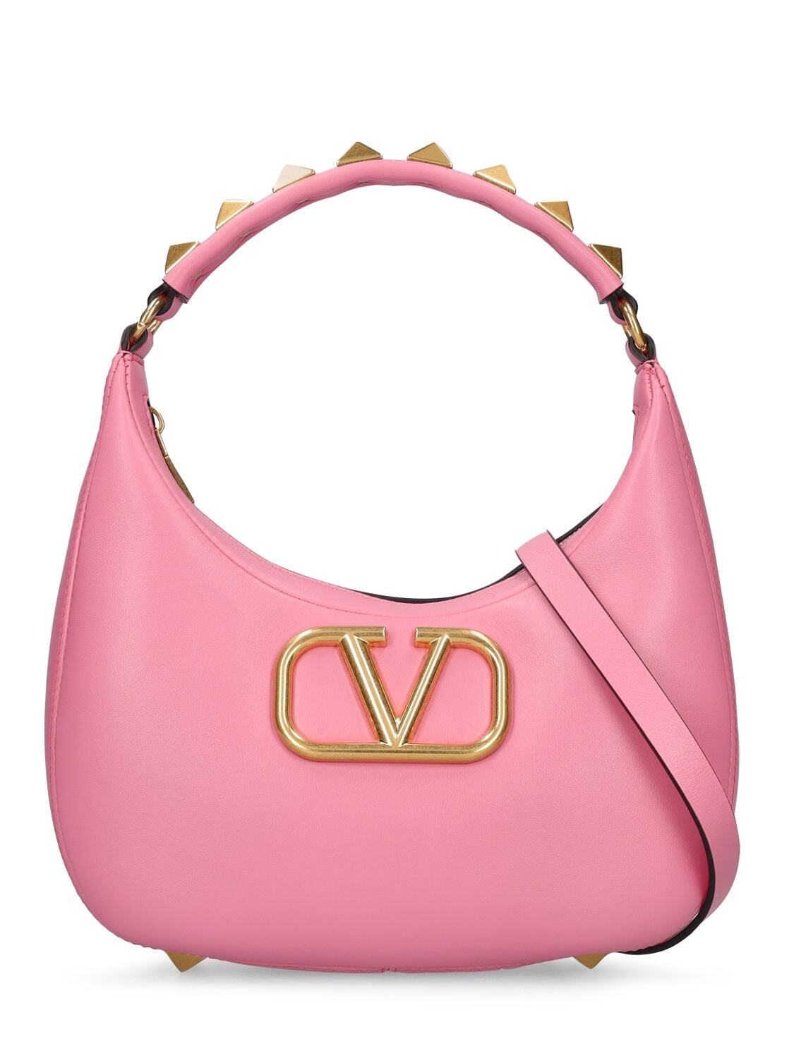 VALENTINO GARAVANI Stud Sign Hobo Leather Bag in pink