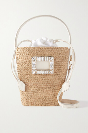 roger vivier - viv basket mini crystal-embellished leather-trimmed raffia shoulder bag - neutrals