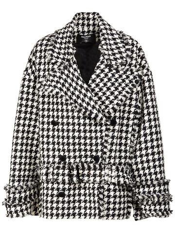 BALMAIN Belted Cotton Blend Houndstooth Peacoat in black / white