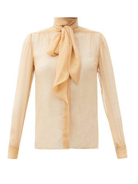 Saint Laurent - Pussy-bow Gathered Silk-georgette Blouse - Womens - Beige