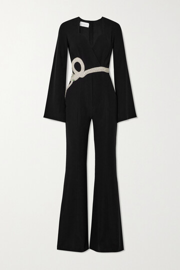 clio peppiatt - eve belted crystal-embellished crepe jumpsuit - black