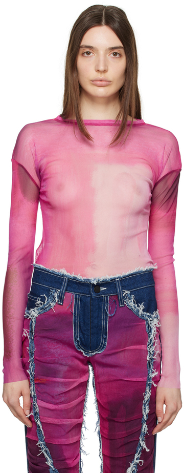 paula canovas del vas pink semi-sheer long sleeve t-shirt in fuchsia