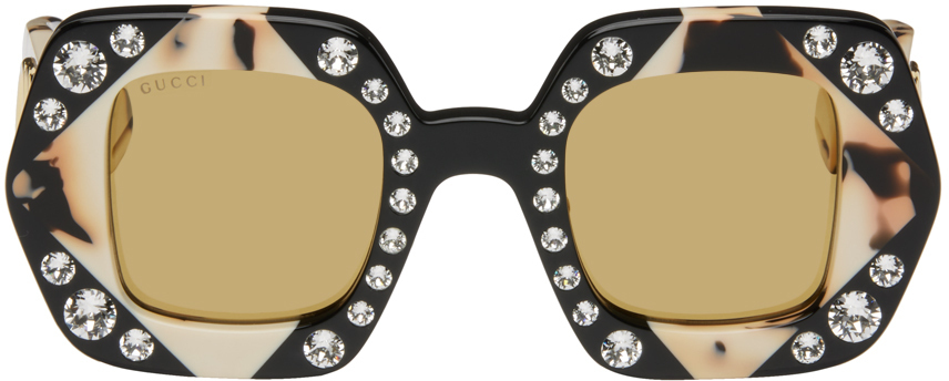 Gucci Black & Off-White Crystal-Cut Sunglasses