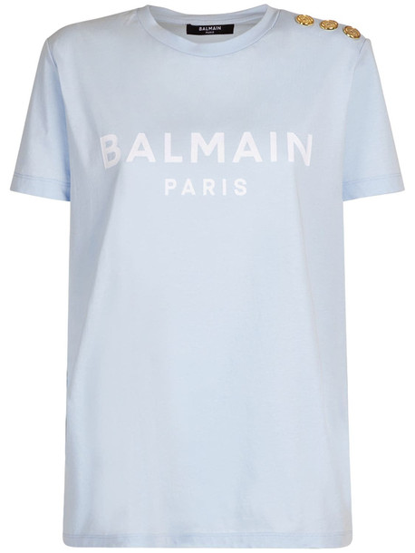 BALMAIN Logo Flocked Organic Cotton T-shirt in blue / white