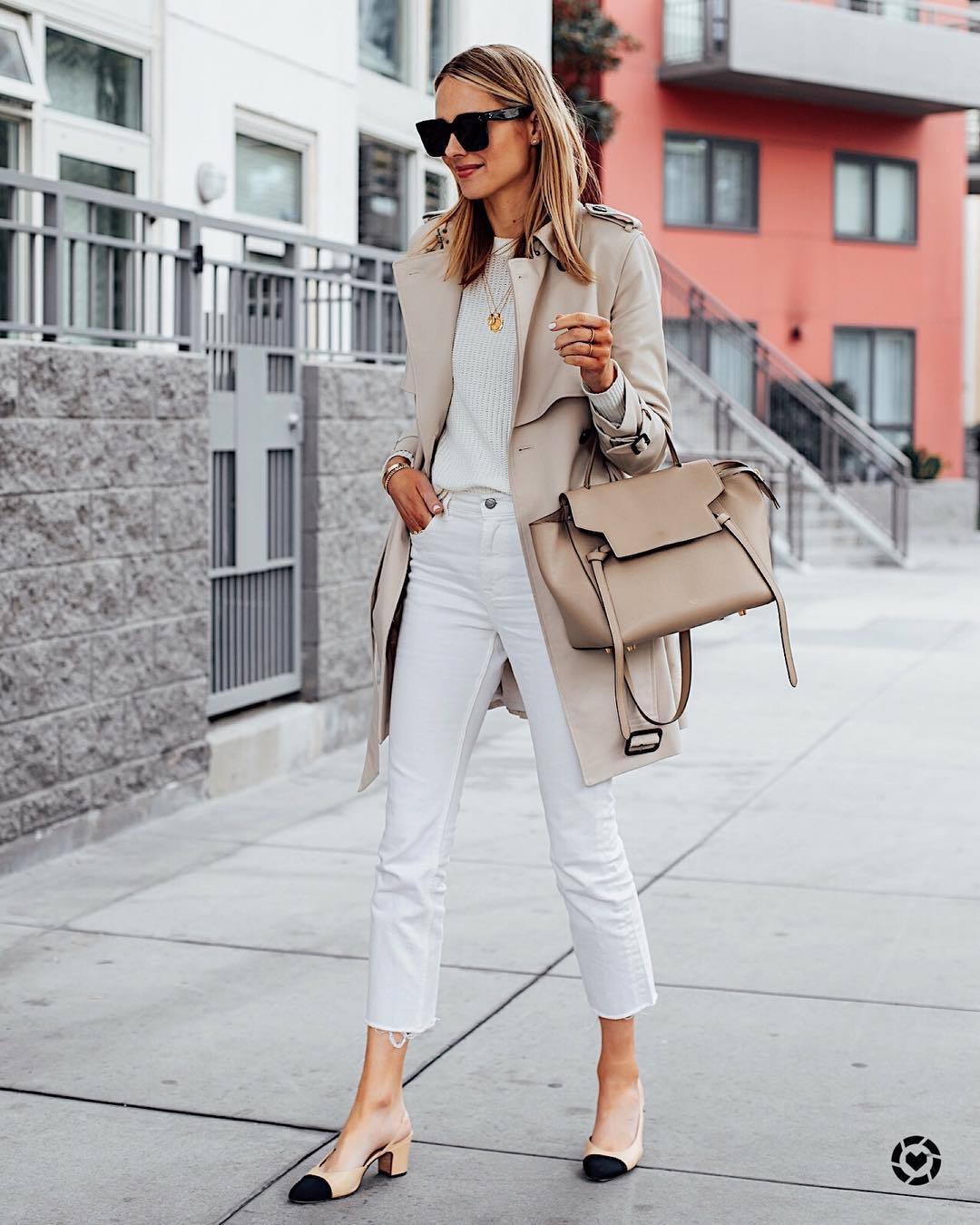 jeans, white jeans, cropped jeans, slingbacks, trench coat, shoulder ...