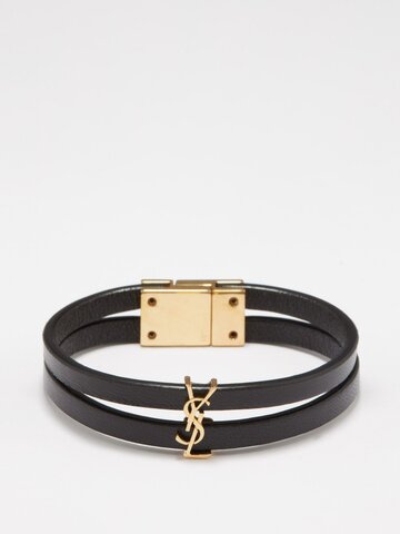 saint laurent - ysl-plaque double leather bracelet - womens - 01bk