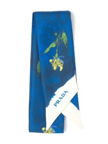 prada floral-print twill scarf - blue