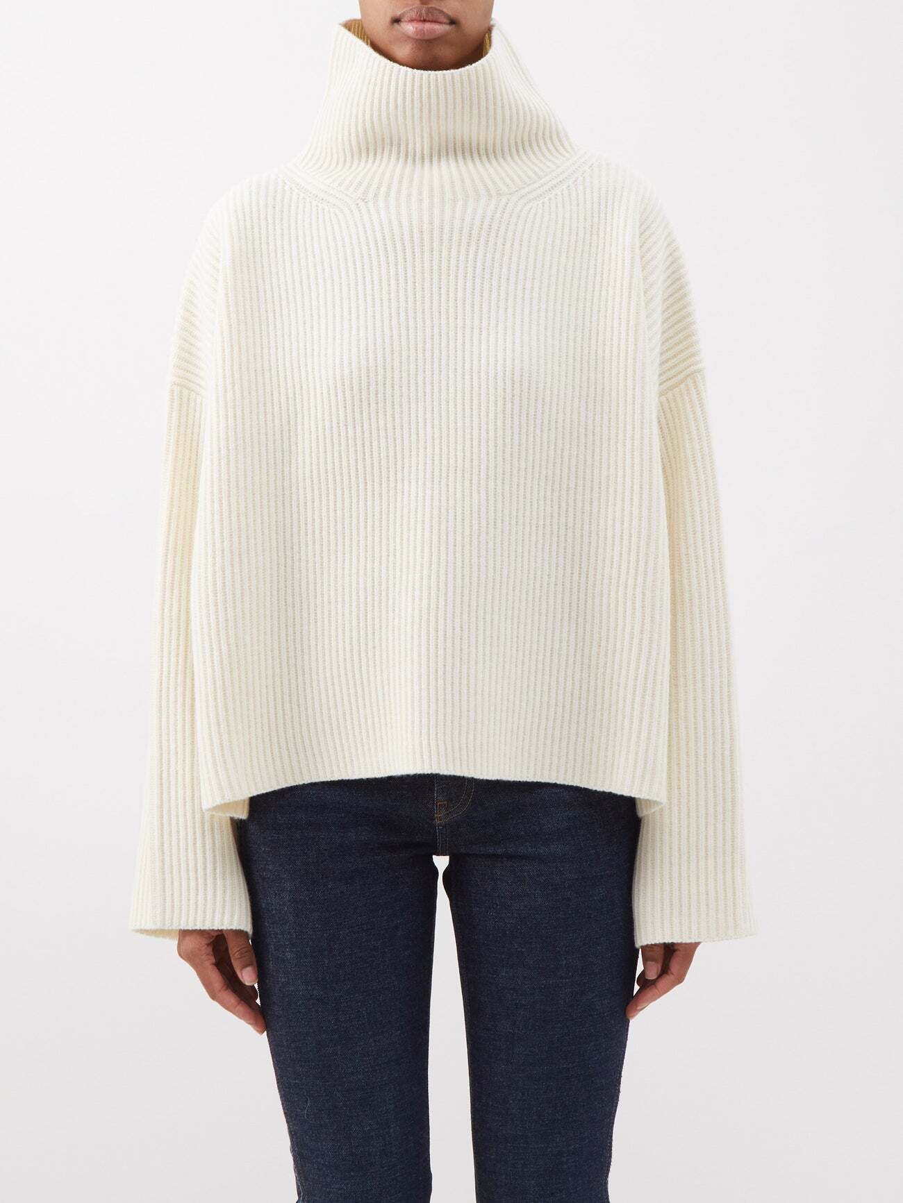 Toteme - High-neck Ribbed Wool-blend Sweater - Womens - White/ivory