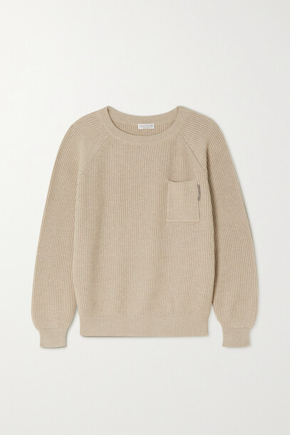 Brunello Cucinelli - Bead-embellished Ribbed Cotton Sweater - Neutrals