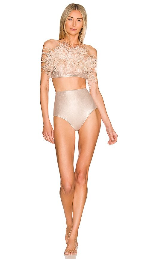 ADRIANA DEGREAS Metallic High Waisted Strapless Bikini Set in Metallic Gold