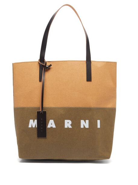 Marni - Logo-print Paper-effect Leather Tote Bag - Womens - Beige Multi