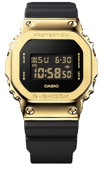 g-shock 5600 series watch in metallic gold,black