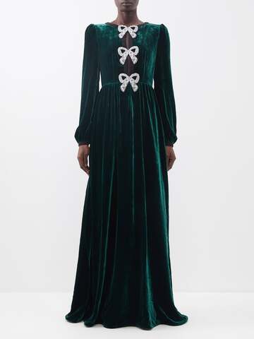 saloni - camille crystal-bow velvet gown - womens - dark green