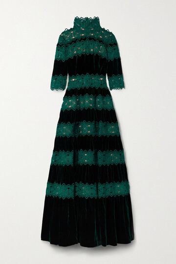 costarellos - lissie paneled velvet and guipure lace gown - green