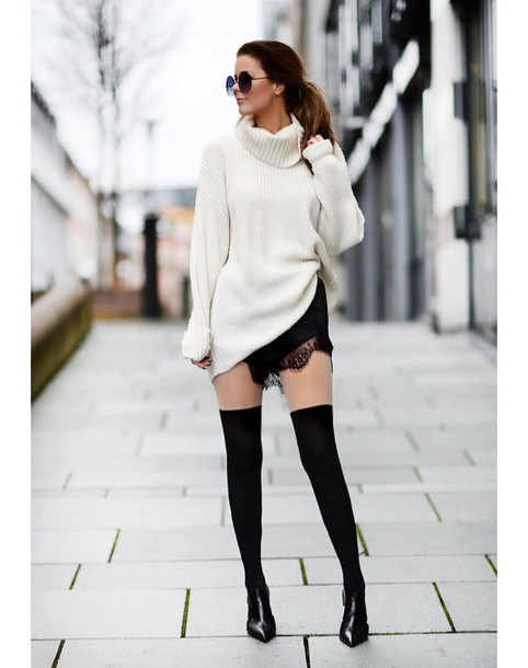 stylista blogger sweater shorts shoes sunglasses knee high socks knitted sweater winter outfits bag jacket tights