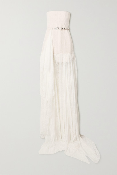 Danielle Frankel - Delphine Strapless Belted Corded Lace Gown - White