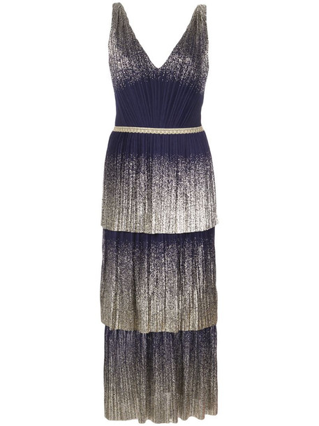 Marchesa Notte pleated foil tiered midi dress in blue