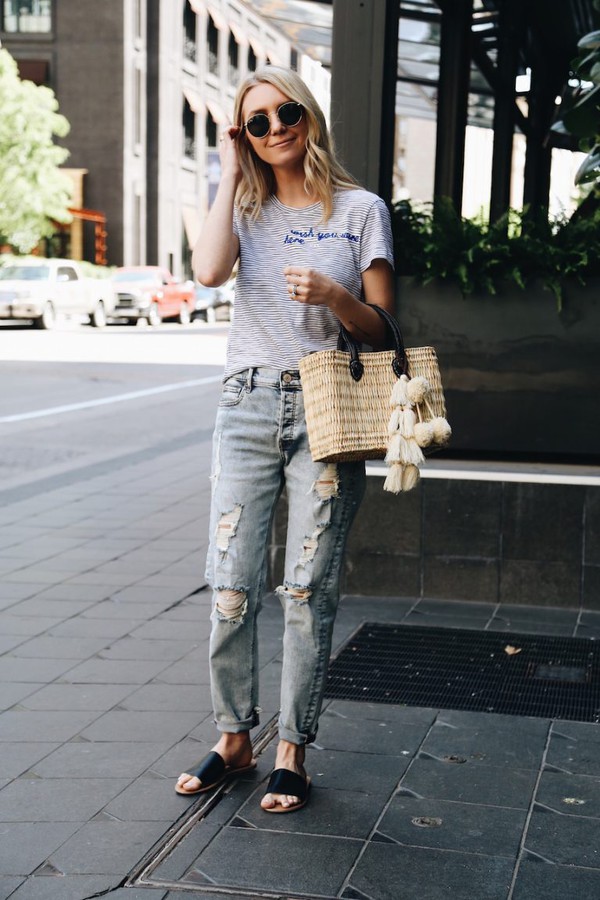 jeans mom jeans high waisted bag slide shoes black shoes top grey top sunglasses ripped jeans 