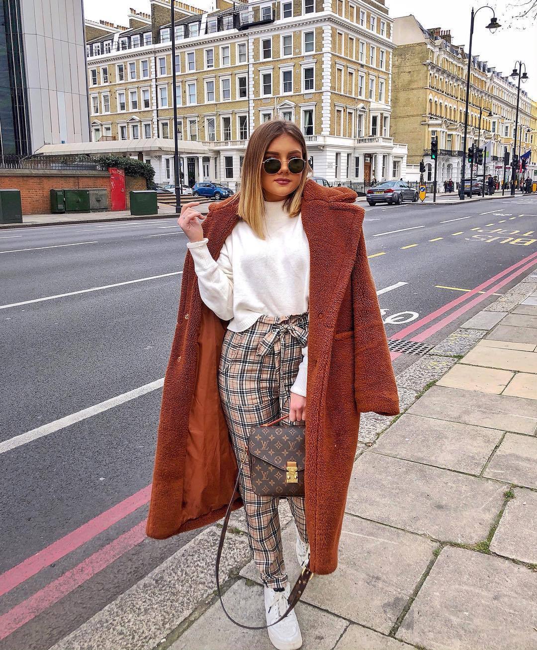 pants, high waisted pants, plaid, teddy bear coat, white sneakers, louis  vuitton bag, brown bag, white sweater - Wheretoget