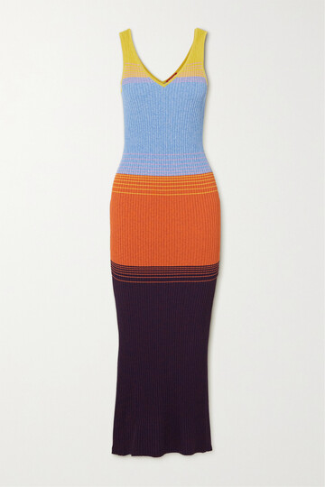 staud - dana striped ribbed-knit maxi dress - blue