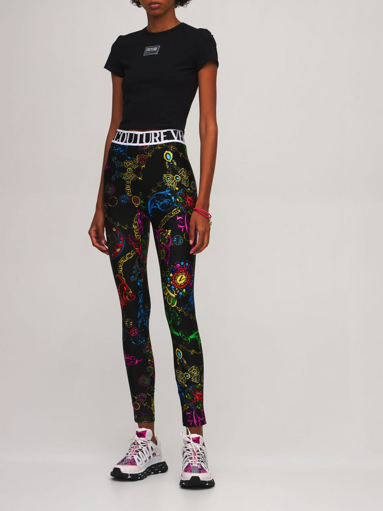 VERSACE JEANS COUTURE Baroque Print Stretch Jersey Leggings in blue / multi