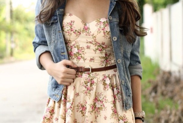 dress floral adorable strapless tan flowers lovely