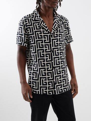 balmain - monogram-print crepe shirt - mens - black multi