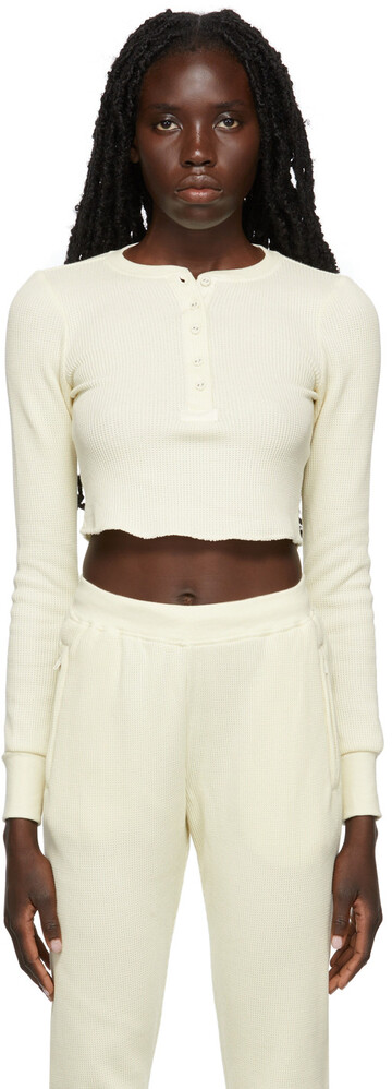 SKIMS Off-White Waffle Long Sleeve Crop Henley in cream