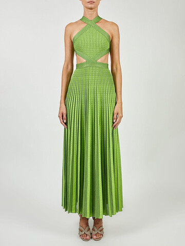 ELIE SAAB Pleated Lurex Knit Long Dress W/ Cutouts in green